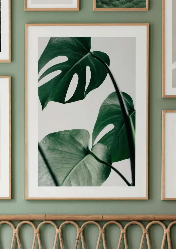 Framed monstera leaf print on a sage green wall above a rattan headboard
