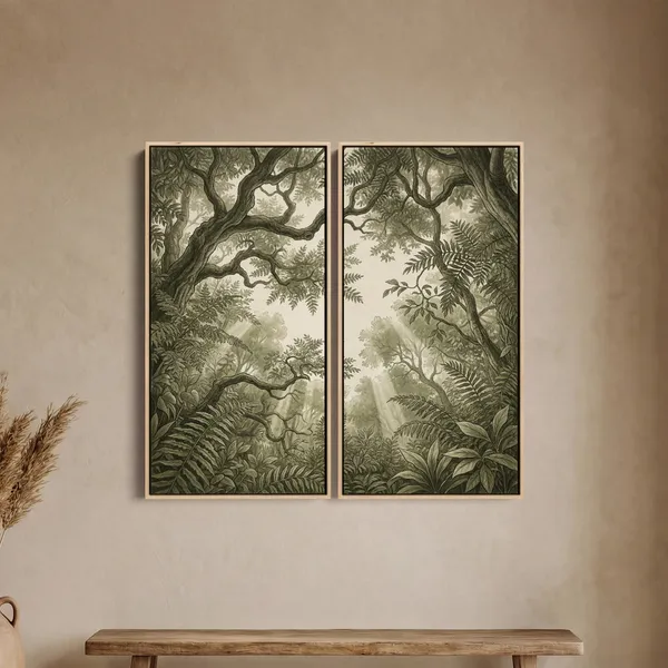 Two framed green forest prints hanging as a pair above a wooden bench