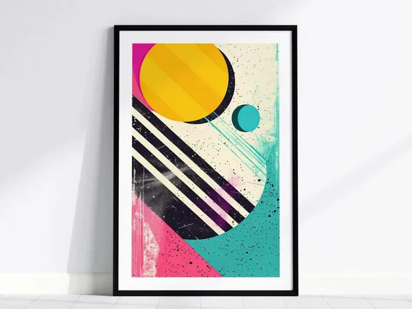 Framed colorful geometric poster with sun and arc motifs